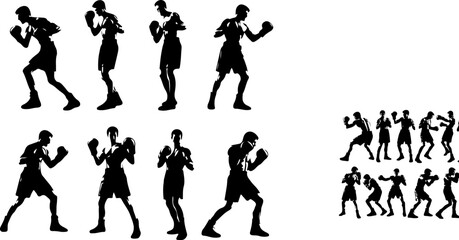 Vector sketch illustration of silhouette design of a group of boxing sports players in a fighting pose in the ring