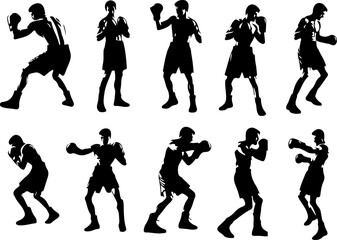Vector sketch illustration of silhouette design of a group of boxing sports players in a fighting pose in the ring