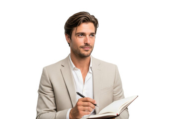 Handsome businessman writing in notebook, planning strategy, professional man in suit, isolated portrait png image, transparent background isolated on transparent background