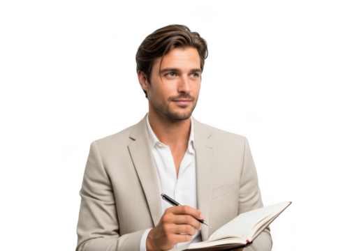 Handsome businessman writing in notebook, planning strategy, professional man in suit, isolated portrait png image, transparent background isolated on transparent background