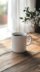 Obraz premium A cozy scene with a coffee cup on wooden table.