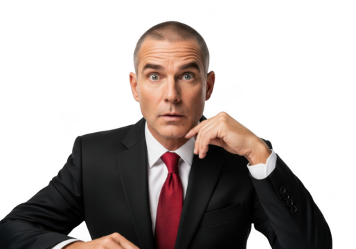 Surprised businessman in suit with red tie looking at camera stock photo png image for compositing isolated on transparent background