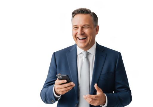 Smiling businessman in suit holding smartphone laughing and gesturing presentation isolated on transparent background