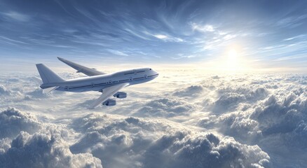 Fototapeta premium Airplane soaring above fluffy clouds