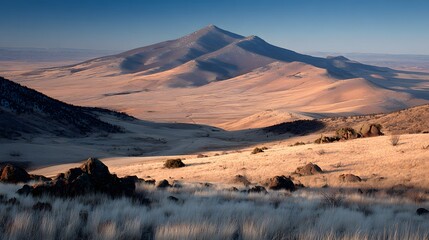 High desert vista with a mountain range in the distance.
