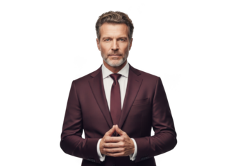 Professional businessman in burgundy suit posing confidently stock photo, portrait of a mature man in formal attire, png image, isolated on transparent background