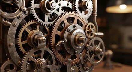 Intricate steampunk gears and cogs mechanism with rustic metallic textures, conveying a complex