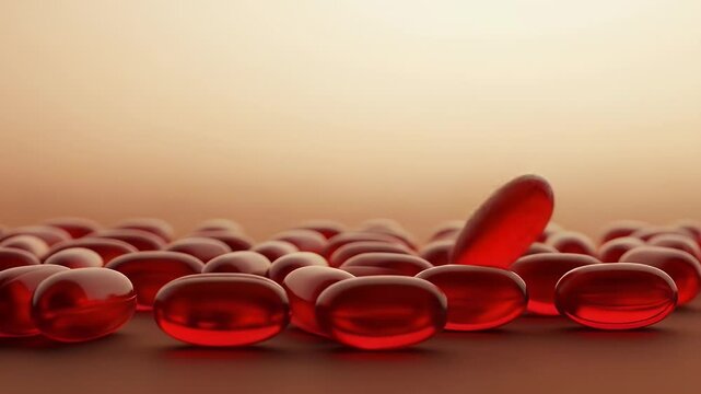Rows of red translucent oval pills scattered on a dark surface