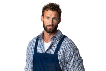 male farmer in a plaid shirt and apron, looking directly at the camera with a skeptical or worried expression