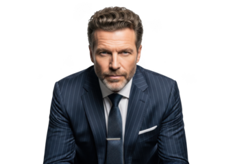 Serious businessman in pinstripe suit portrait - professional headshot of confident executive, corporate leader, isolated on transparent background