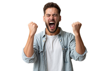 Fototapeta premium Thrilled young man shouting with excitement, celebrating a victory or success