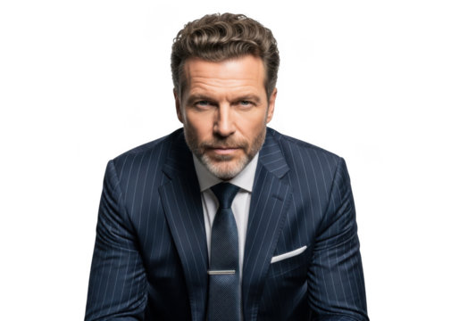 Serious businessman in pinstripe suit portrait - professional headshot of confident executive, corporate leader, isolated on transparent background