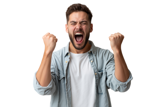 Thrilled young man shouting with excitement, celebrating a victory or success