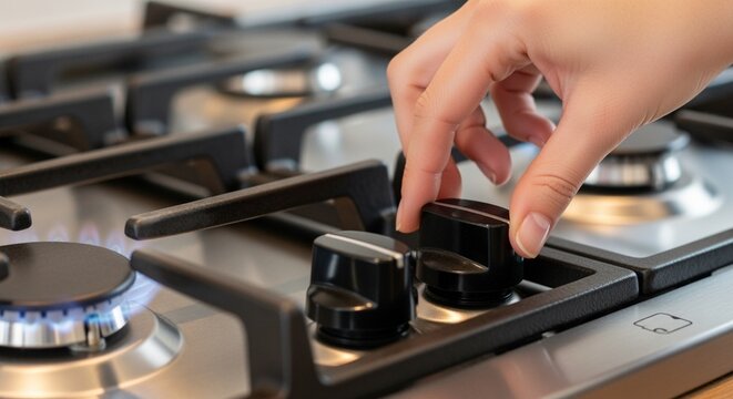 Close-up of woman hand turning on the gas burner on the stove.