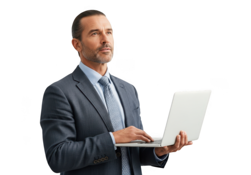 Professional businessman holding laptop looking upwards stock photo, business executive, corporate leader, isolated on transparent background