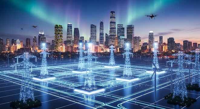 Futuristic Cityscape with Electrical Grid and Renewable Energy Integration at Twilight