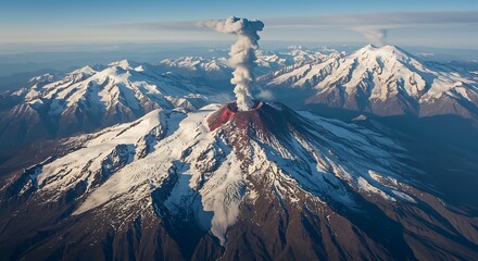 Aerial view of volcanic eruption with snow covered mountains and smoke plumes under a bright sunny sky majestic landscape