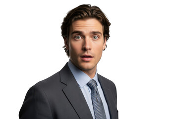 Surprised businessman shocked expression portrait young professional man suit tie isolated on transparent background