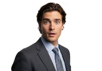 Surprised businessman shocked expression portrait young professional man suit tie isolated on transparent background