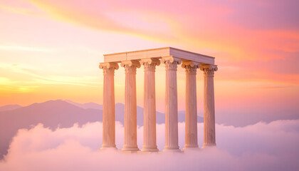 Dreamy Architectural Marvel A Columned Structure Floating Above the Clouds in a Sunset Sky