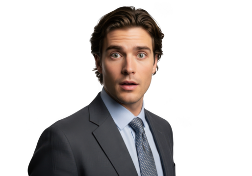 Surprised businessman shocked expression portrait young professional man suit tie isolated on transparent background