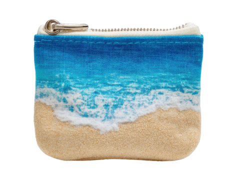 Blue ocean waves crashing on sandy beach zippered pouch fabric white, Isolated On Png Transparent Background