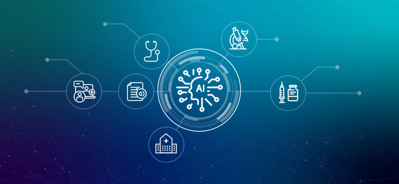 Artificial Intelligence AI in medical healthcare web header concept for healthcare technology medical innovation diagnostics and AI-driven solutions in medicine