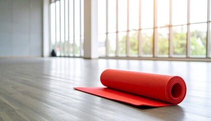 Rolled-up red yoga mat on light-toned wooden floor in a bright, modern studio