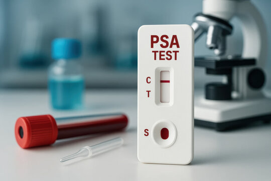 PSA test kit with blood sample tube and microscope for prostate health screening and PSA level detection in medical lab setting