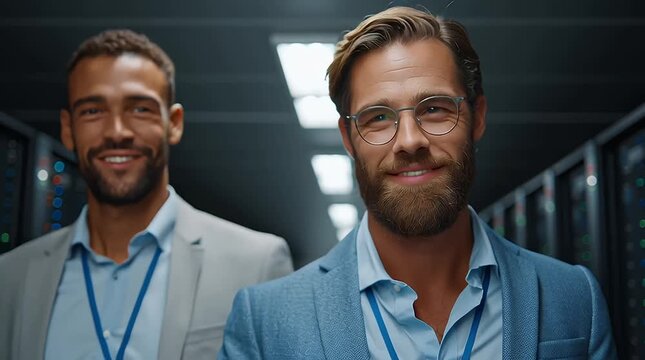 Data Center Professionals Portrait: Two skilled data center professionals, radiate competence and approachability with warm smiles.