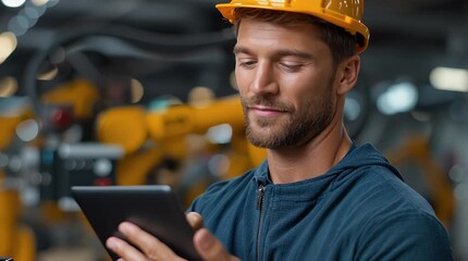 Modern Engineering Inspection: A focused engineer, wearing a safety helmet, meticulously examines a digital tablet amidst a factory setting, demonstrating technological proficiency in modern industry.