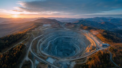 Dramatic aerial view of a large open pit mine at sunset, revealing its terraced structure, concept for environmental impact studies, industrial resources documentation and geological surveys
