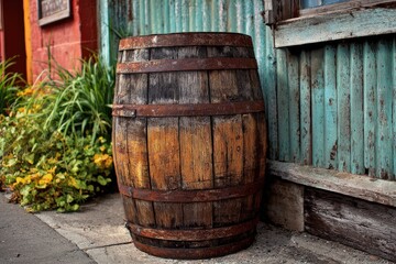 Fototapeta premium Rustic wooden barrel beside colorful building