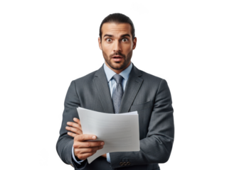 Surprised businessman reading document, shocked expression, holding papers, business concept, png image, transparent background, isolated on transparent background