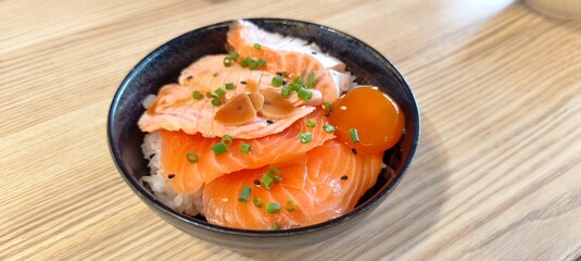 Pickled egg rice, raw salmon, and grilled salmon