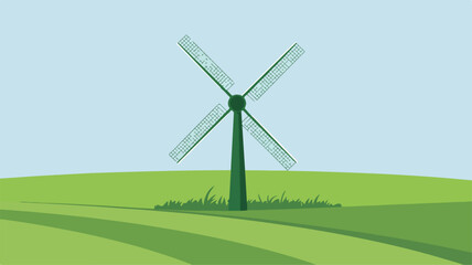 Fototapeta premium Wind turbine on green field with blue sky