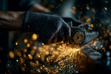 Close-up of a gloved hand using an angle grinder with flying sparks on dark background, concept for metalwork workshop, industrial safety and construction site