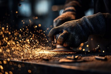 Gloved hands using grinder with sparks flying in a dark workshop setting. Concept for industrial craftsmanship, metal fabrication and construction project