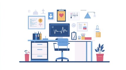 Doctor's office interior, medical supplies, monitor