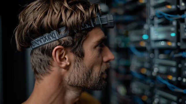 IT professional at work: A dedicated IT professional, illuminated by a headlamp, intently examines complex server equipment.