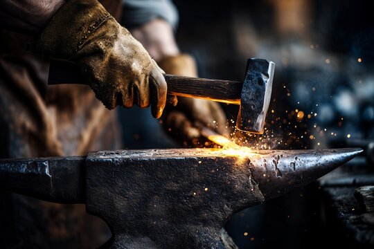 Gloved blacksmith hammering hot metal on an anvil, sparks flying with bright light, concept for traditional crafts, manual labor and industrial art