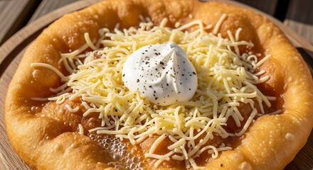 Golden L?ngos Delight: A Close-Up of Hungarian Street Food Topped with Cheese and Sour Cream