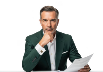 Serious businessman in green suit holding documents, thinking and planning strategy, isolated professional man portrait, isolated on transparent background