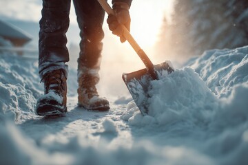 Person shoveling fresh snow with a shovel during winter season outdoor, concept for seasonal chores, winter weather, and snow removal