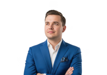 Professional businessman in blue suit with arms crossed looking upward stock photo image portrait isolated on transparent background