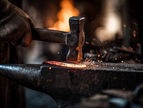 Gloved hand striking glowing hot metal on anvil with hammer in blacksmith shop, concept for metalworking artistry, industrial craftsmanship and historical reenactment
