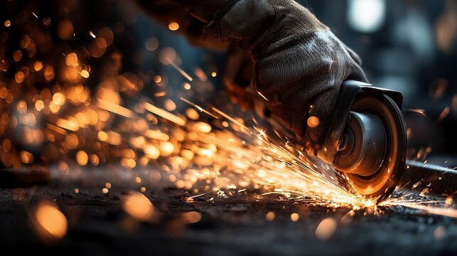 Gloved hand using a grinder on metal, creating a shower of sparks and a feeling of industrial intensity. Concept for metalwork projects, manufacturing process and construction maintenance