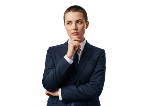 Pensive businesswoman thinking portrait, professional female in suit, thoughtful expression, isolated on transparent background