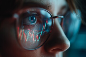 Close-up of financial data reflected in the glasses of a focused investment analyst, concept for stock market analysis, investment strategies and financial technology