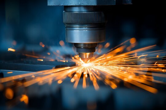 Close-up of industrial laser cutting machine processing metal with bright sparks, concept for engineering illustration, manufacturing equipment and precision technology - Powered by Adobe